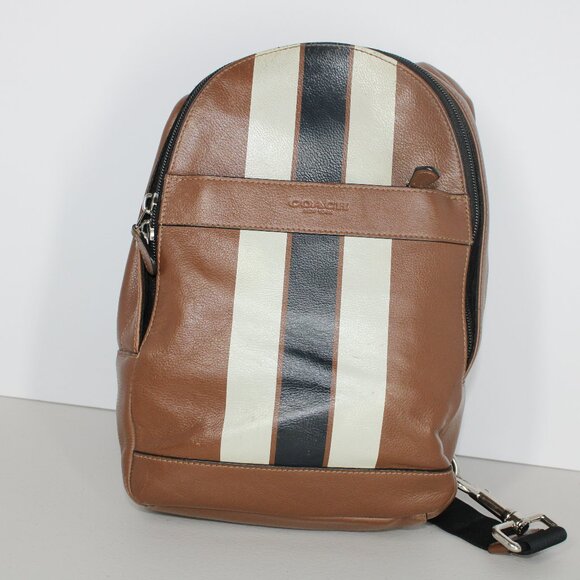 COACH F72226 Charles Pack Varsity Stripe Brown Leather Shoulder bag - Picture 1 of 14